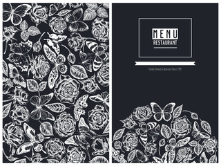 Menu cover floral design with chalk menelaus blue morpho, lemon butterfly, red lacewing, african giant swallowtail, alcides agathyrsus, wallace's golden birdwing, purple spotted swallowtail, forest