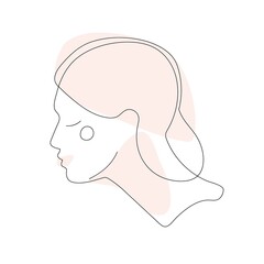 Abstract minimal woman portrait line drawing. Young woman. Hand drawn Vector illuctration for wall decoration, postcard or brochure cover design. Portrait from side to profile. Logo, icon, label