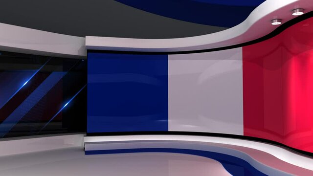 TV studio. French flag background. News studio. Loop animation. Background for any green screen or chroma key video production. 3d render. 3d