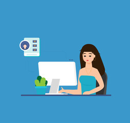 Office worker sitting and working at her desktop computer in the flat style vector