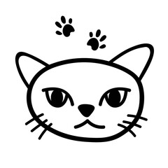 Hand drawn vector illustration of cat face with paw. Cat Isolated objects on white background. Design concept for t-shirt. Outline style character design. One from Kitten pet collection..