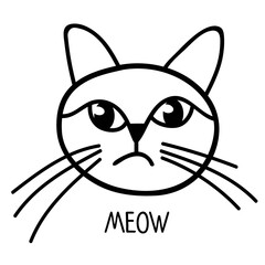 Cat face sketch with text meow. Cat Isolated objects on white background. Design concept for children, t-shirt print. Cute funny cartoon character. Meow lettering text. One from Kitten pet collection.