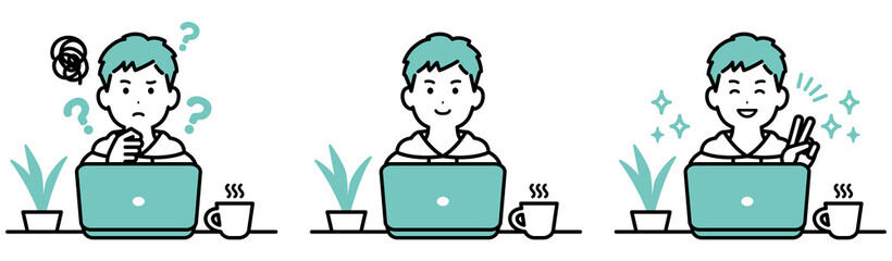 私服でパソコンで作業をしているビジネスパーソンのイラスト　男性　表情のセット