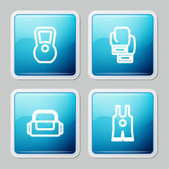 Set line Kettlebell, Boxing glove, Sport bag and Wrestling singlet icon. Vector