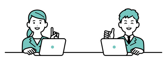 スーツ姿でパソコンで作業をしているビジネスパーソンのイラスト　男性と女性　笑顔