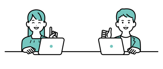 私服でパソコンで作業をしているビジネスパーソンのイラスト　男性と女性　笑顔