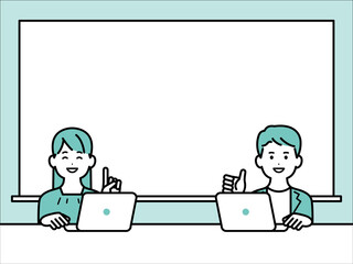 私服でパソコンで作業をしているビジネスパーソンとホワイトボードのイラスト背景