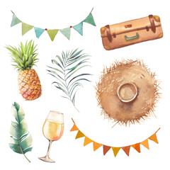 Watercolor summer vacation set. Isolated relax items isolated on white background: flags garlands, hat, pineapple, wine glass, palm leaves - 427167602