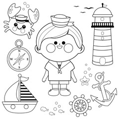 Sailor boy nautical illustration set. Vector black and white coloring page.