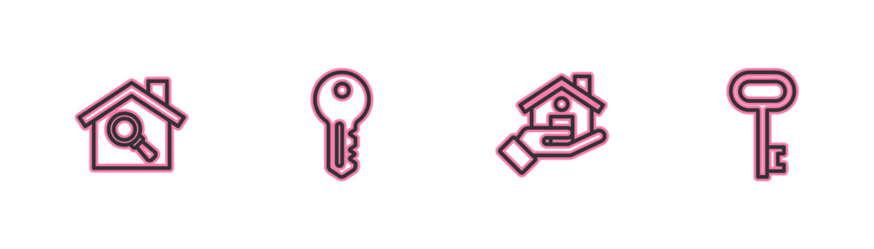Set line Search house, Realtor, House key and icon. Vector