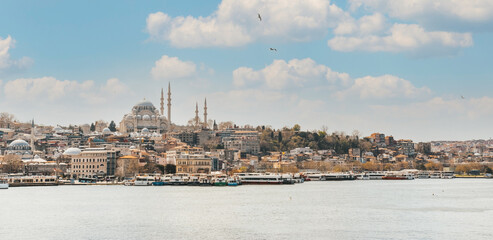 Panorama of Istanbul. The beautiful Suleymaniye mosque against the blue sky. 