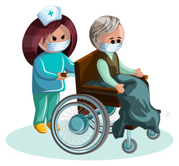 Vector image of a middle-aged man in a wheelchair and a female physician caring for him. EPS 10. Concept. Image on white background