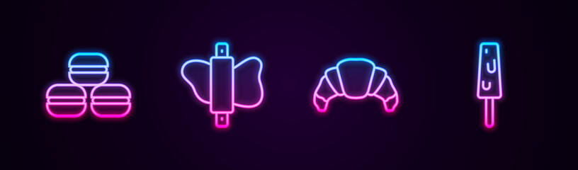 Set line Macaron cookie, Rolling pin dough, Croissant and Ice cream. Glowing neon icon. Vector