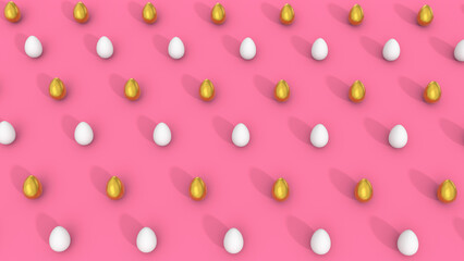 Golden and white decorated eggs in an array (pattern) on pink background. Trendy color concept. Happy Easter greeting card with copyspace. 