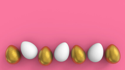 Minimalist Easter composition. Golden and white decorated eggs in row on pink background. Trendy color concept. Happy Easter greeting card with copyspace.