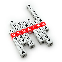 Russian Ukraine Conflict Concept Crossword with Dice. 3d Rendering