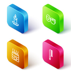 Set Isometric line Aroma candle, Toilet paper roll, Hot sauna stones and Hairbrush icon. Vector
