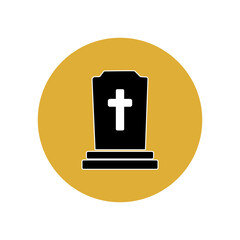 Grave and cemetery icon in a yellow circle. Funeral ceremony. Festival of the Dead or Halloween. Custom button in the app interface. 