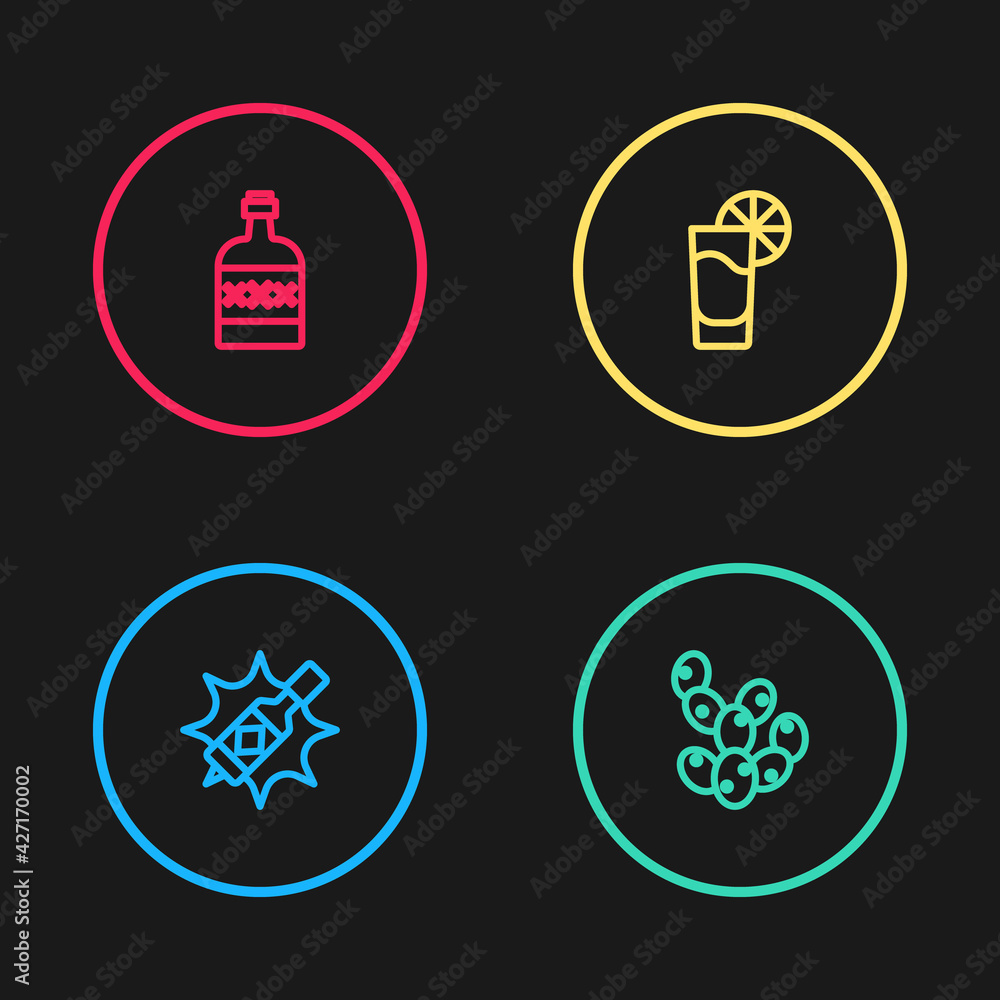 Poster set line tabasco sauce, cactus, tequila glass with lemon and bottle icon. vector