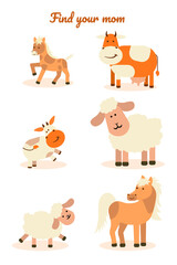 Educational children game-find your mother. Sheep, horse, cow, lamb, foal, calf on a white isolated background. Vector flat illustration.