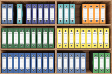 Serie di raccoglitori, cartelle di vari colori per la classificazione dei documenti. Database in scaffale a libreria..