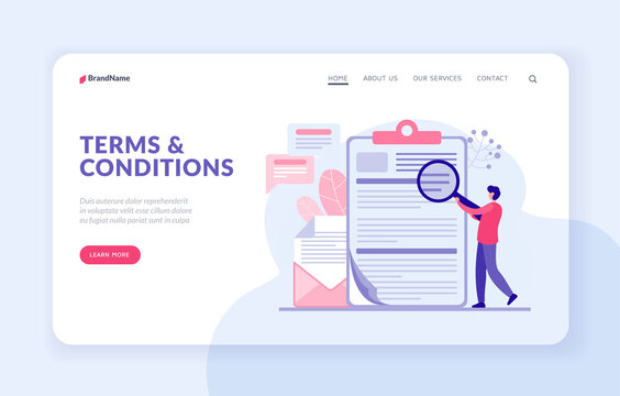 Terms and conditions landing page website template. Man examining promotional emails with discounts vector flat illustration. Male character with magnifying glass analyzing web marketing offers
