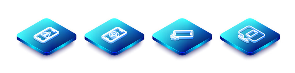 Set Isometric line Mobile with exclamation mark, Phone repair service, Shockproof phone and icon. Vector