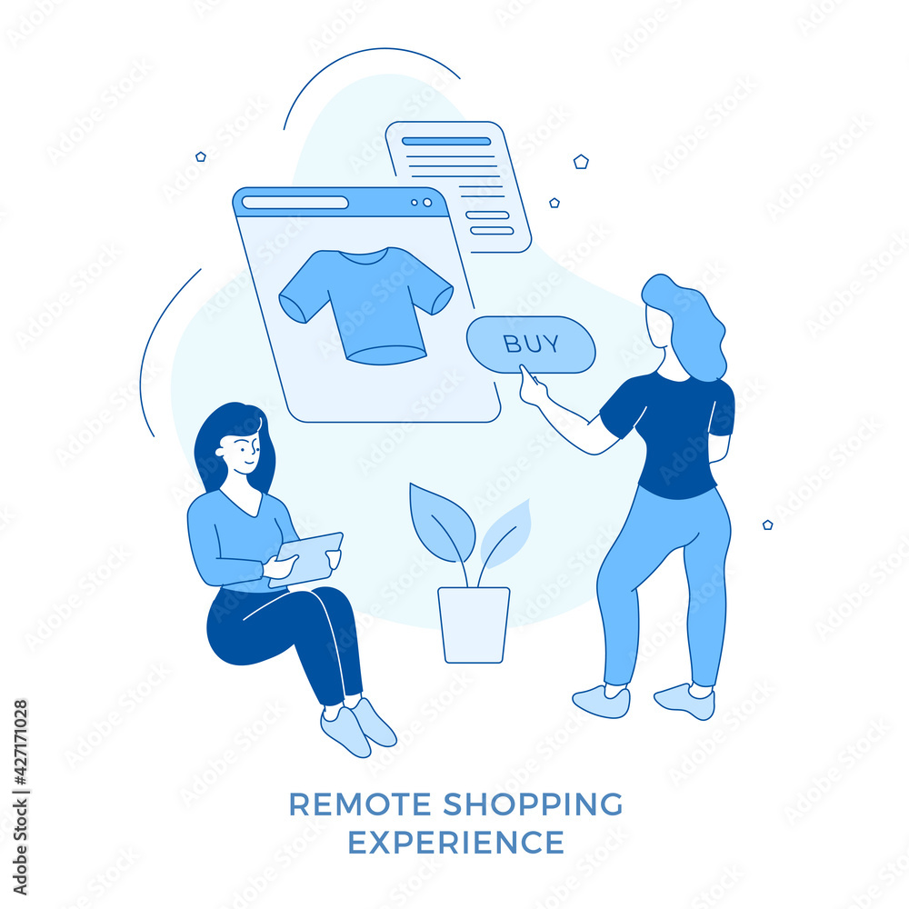 Poster linear flat remote shopping experience. female cartoon characters using mobile app for searching and
