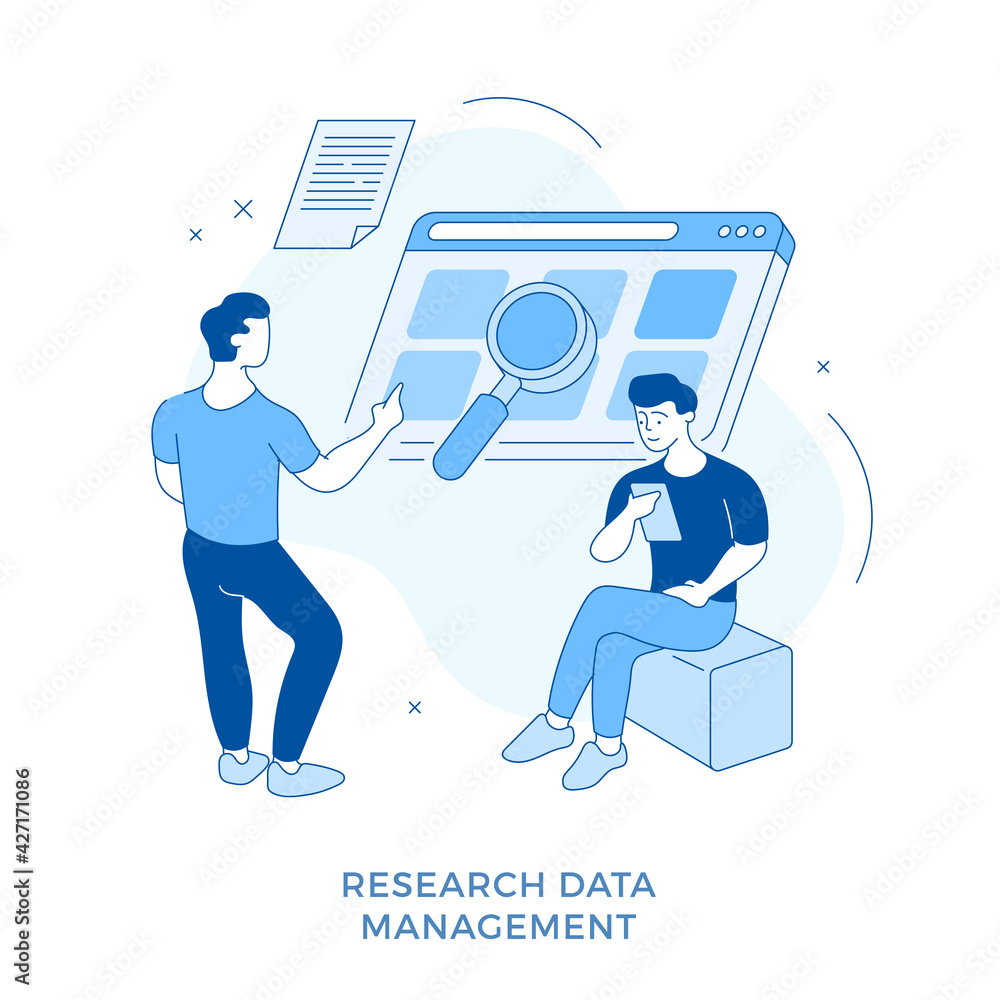 Poster linear flat research data management. business men working together searching data with magnifying g