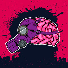 brain with gas mask vector art 