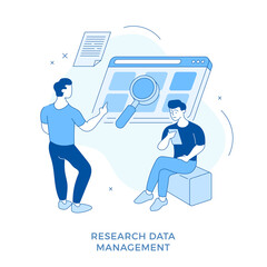 Linear flat Research data management. Business men working together searching data with magnifying glass. Data analysis, web analytics, financial forecast, market research