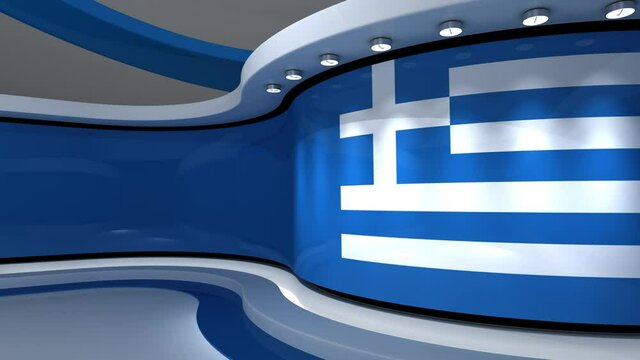 Greek flag background. TV studio. News studio. Loop animation. Background for any green screen or chroma key video production. 3d render. 3d 