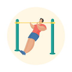 Man doing pull-ups workout. Outdoor fitness equipment. Male cartoon character pulling himself on horizontal bar. Sports training. Flat vector illustration