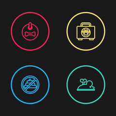 Set line No shit, Clockwork mouse, Pet first aid kit and Dog collar icon. Vector