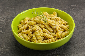 Italian pasta Fusilli with pesto