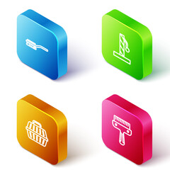 Set Isometric line Hair brush for dog and cat, Cat scratching post, Pet carry case and icon. Vector