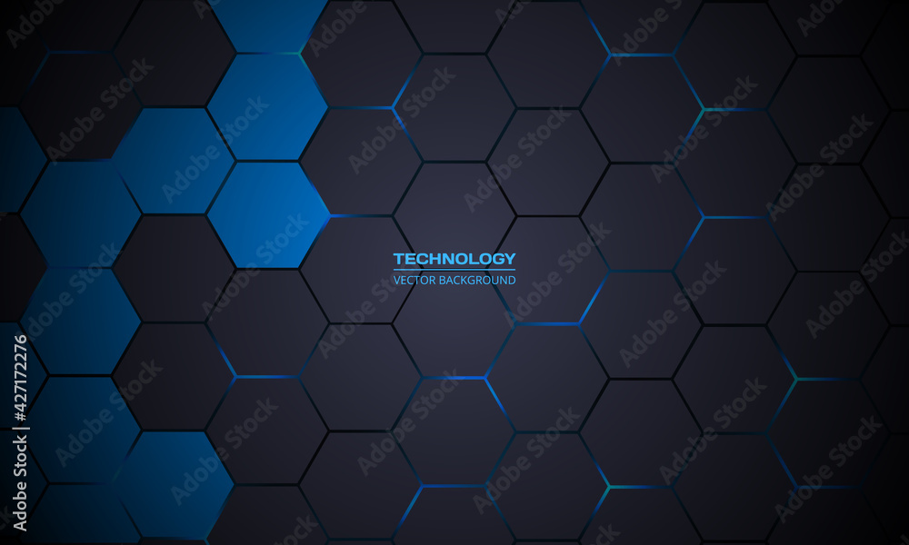 Aufkleber Dark gray hexagonal technology abstract vector background. Blue bright energy flashes under hexagon in futuristic modern technology background vector illustration. Dark gray honeycomb texture grid.