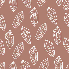 Magic and celestial seamless pattern with magical crystal. Trendy witchcraft symbol gem on pink background. Mystical crystals, stars, crescent moon. For digital paper wrapping, bohemian wallpaper.