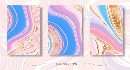 Gold marble design. A set of three images in beautiful pink and blue marble and bright gold.