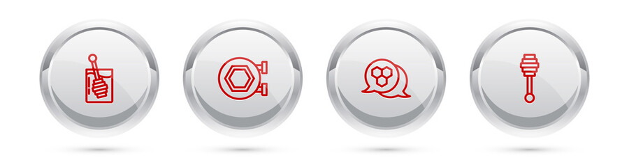 Set line Honey dipper stick, Hanging sign with honeycomb, Honeycomb and . Silver circle button. Vector