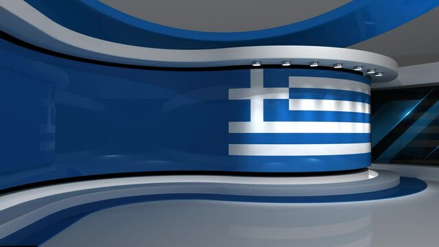 Greek flag background. TV studio. News studio. Loop animation. Background for any green screen or chroma key video production. 3d render. 3d 