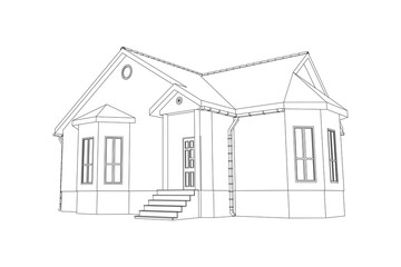 Suburban house sketch. Black line 3D model isolated on white background. Vector architectural design. 
