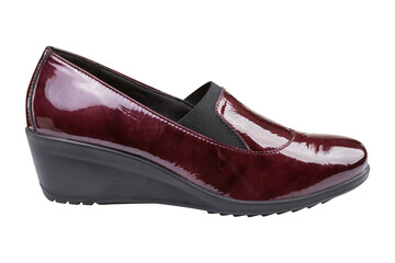 women's burgundy patent leather shoes, high-soled, on a white background