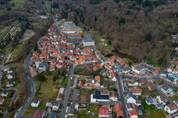 Aerial view of the city Wächtersbach in Germany, Hesse on a sunny early spring day