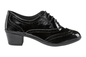 One black womens patent leather shoe, with a heel, demi-season shoes, on a white background