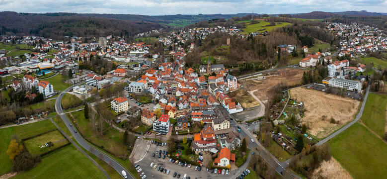 Aerial view of the city Bad Soden in Germany, Hesse on a sunny early spring day.