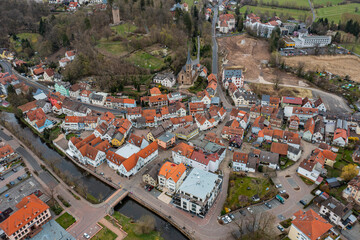 Aerial view of the city Bad Soden in Germany, Hesse on a sunny early spring day.