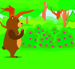 Obraz na płótnie Canvas vector wildlife in the forest. flat image of forest landscape with bear and raspberry bushes