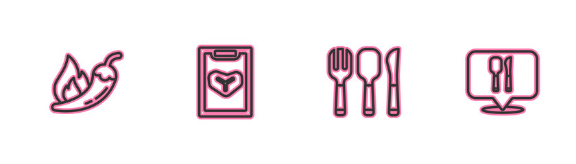 Set line Hot chili pepper pod, Fork, spoon and knife, Restaurant cafe menu and Cafe restaurant location icon. Vector