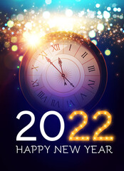 Happy New 2022 Year Background with Clock, Snowflakes and Bokeh Effect.